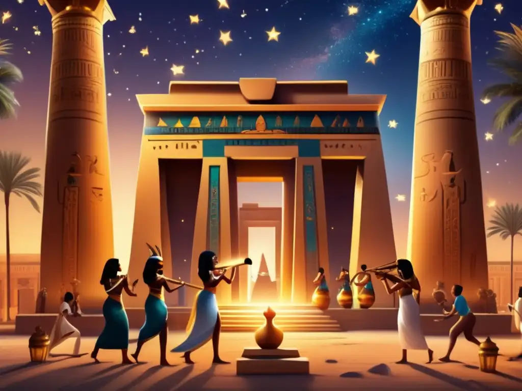 Mágico atardecer en templo egipcio antiguo, músicos y bailarines llenan el aire de melodías y movimientos