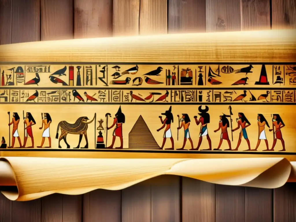 Un mágico viaje al pasado con un antiguo papiro egipcio desplegado en una mesa de madera envejecida