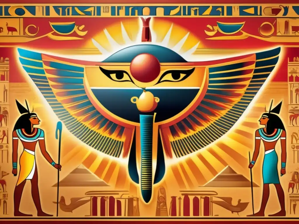 Una magnífica pintura mural del Antiguo Egipto muestra un templo solar adornado con intrincadas decoraciones y jeroglíficos