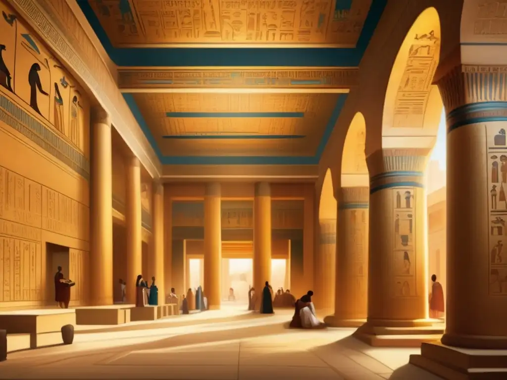 Un magnífico interior de palacio en el antiguo Egipto, bañado en cálida luz dorada