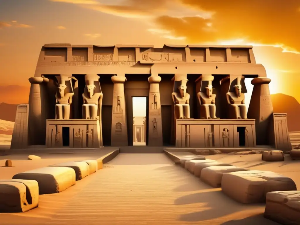 El Ramesseum, el magnífico templo funerario de Ramsés II, se alza majestuoso contra el telón de fondo de una puesta de sol dorada