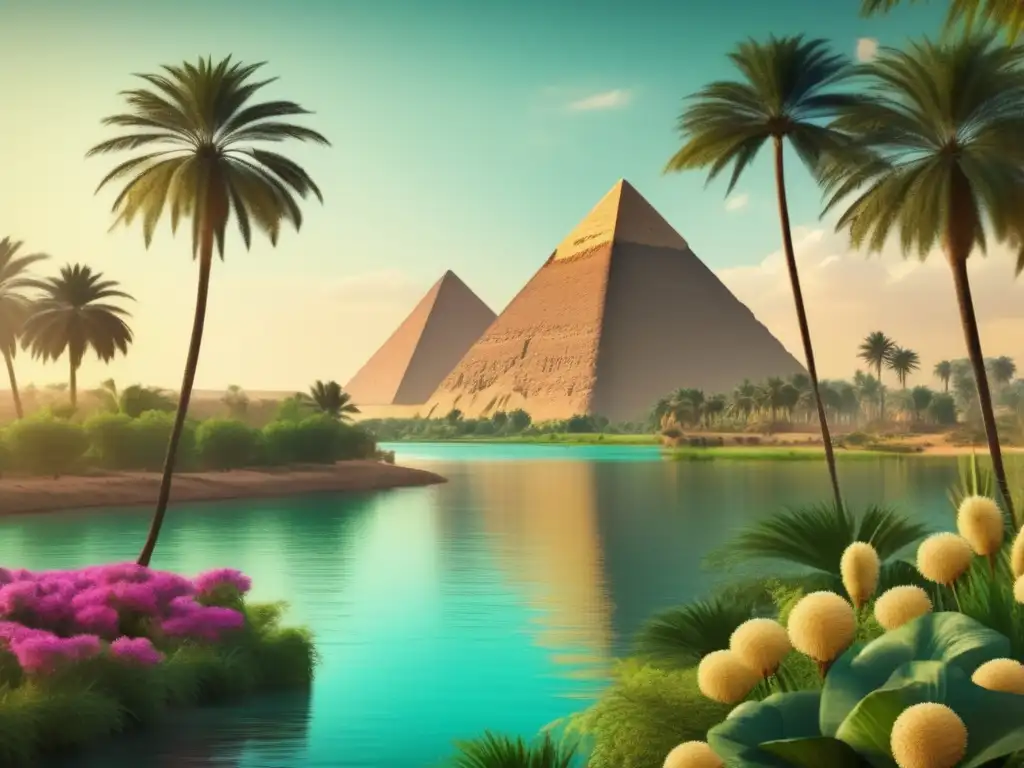 La majestuosa geografía del Antiguo Egipto: El Nilo fluye sereno entre verdes llanuras, palmeras y lotos