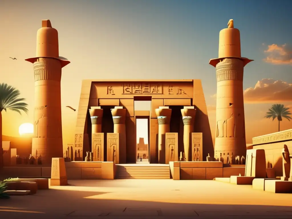 La majestuosa Arquitectura Sagrada del Antiguo Egipto cobra vida en la imagen del Templo de Karnak, bañado por la luz dorada del atardecer