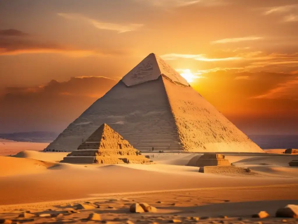 La majestuosa Arquitectura sagrada del Antiguo Egipto cobra vida en la Gran Pirámide de Giza, iluminada por un vibrante atardecer dorado