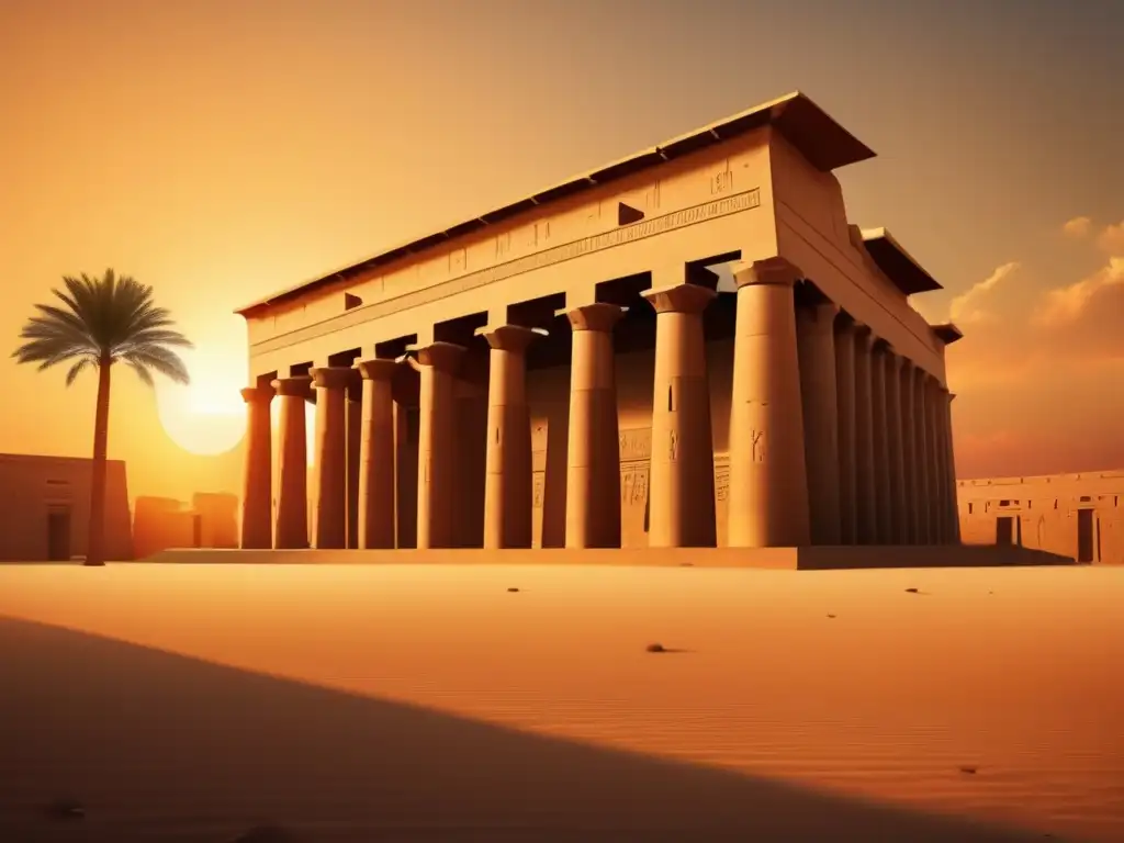 La majestuosa arquitectura del Templo de Edfu brilla al atardecer, sus detalles iluminados por los rayos dorados del sol