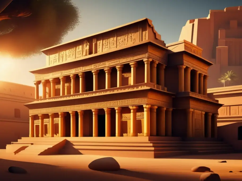 La majestuosa arquitectura del Templo de Filae en la antigua religión egipcia se eleva orgullosamente bajo la cálida luz dorada