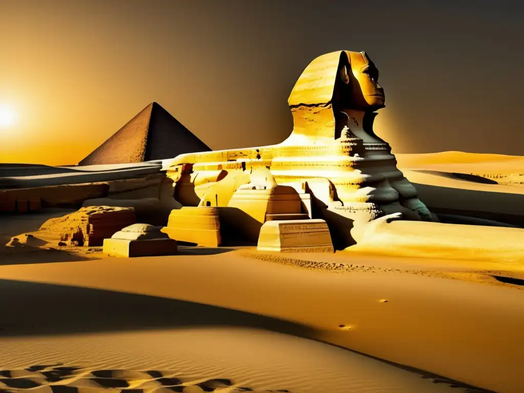 La majestuosa belleza del Gran Esfinge de Giza al atardecer, capturada en una foto vintage detallada