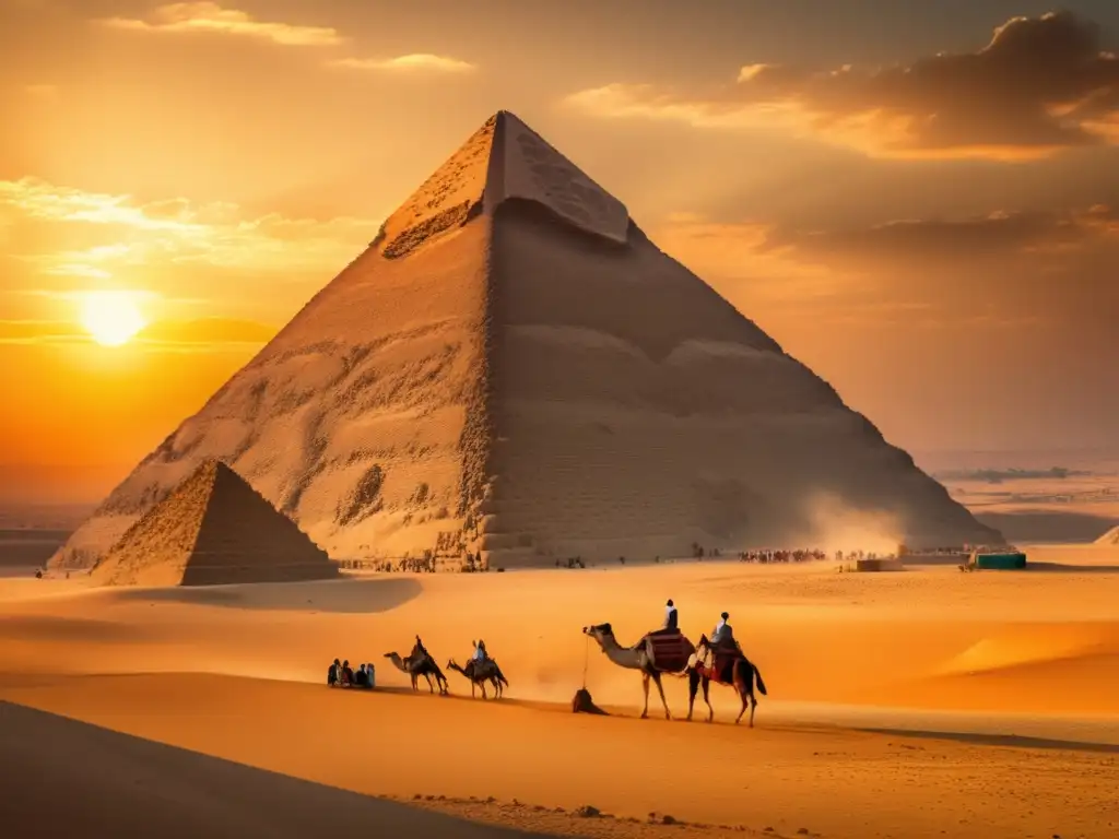 La majestuosa belleza de la Gran Pirámide de Giza al atardecer, bañada por los cálidos rayos dorados del sol