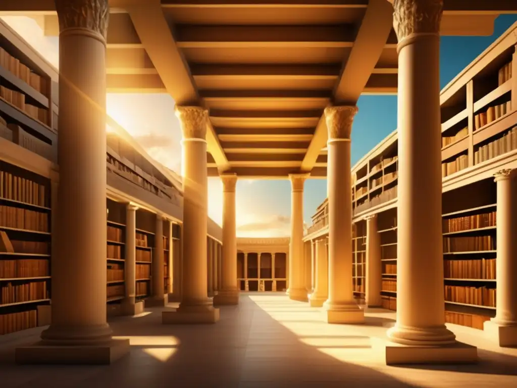 La majestuosa Biblioteca de Alejandría se muestra en detalle, con su arquitectura imponente y sus columnas altas