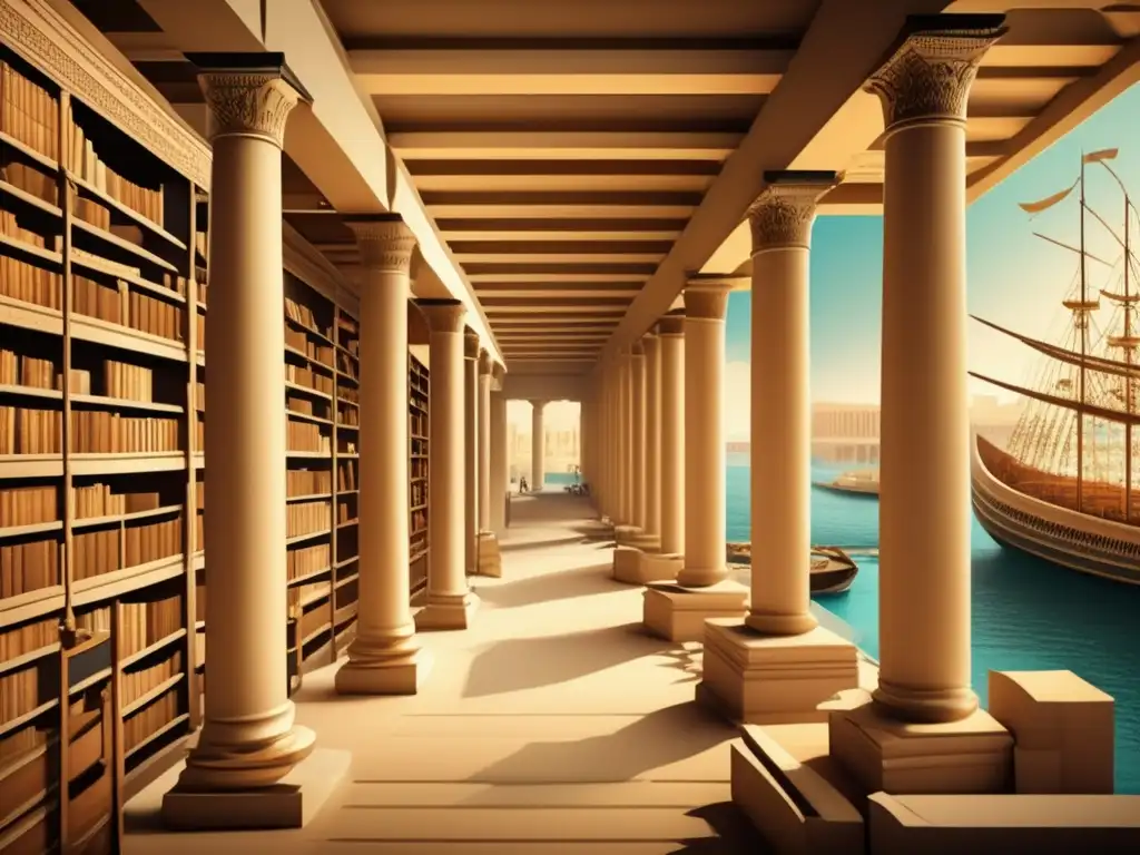 La majestuosa Biblioteca de Alejandría en el Periodo Tardío, reflejada en estilo vintage