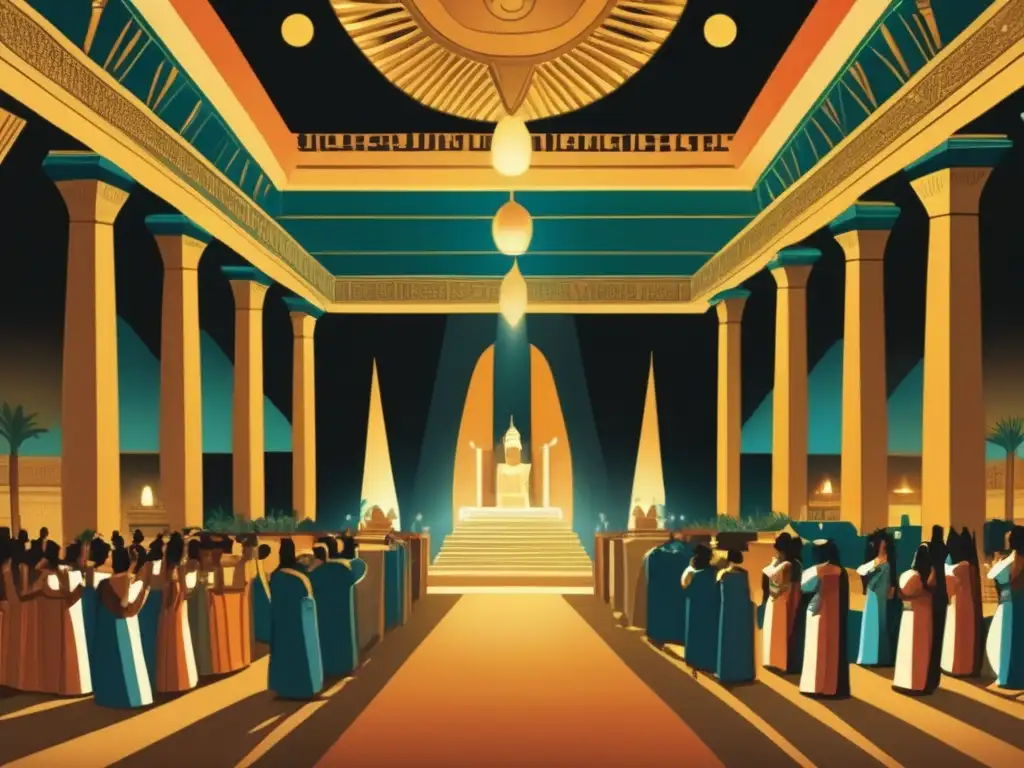 Una majestuosa ilustración vintage nos transporta a la Ceremonia del Pesaje del Corazón en el antiguo Egipto