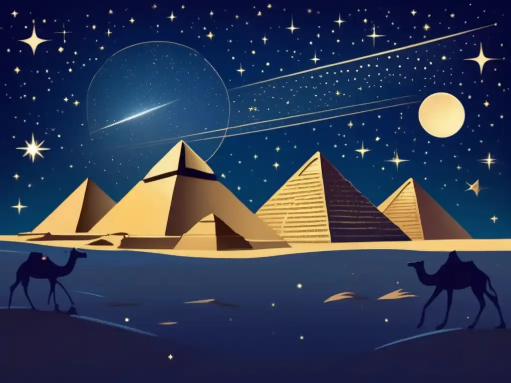 Majestuosa ilustración vintage del cielo nocturno sobre el antiguo Egipto, con las pirámides destacando en silueta contra el fondo estrellado