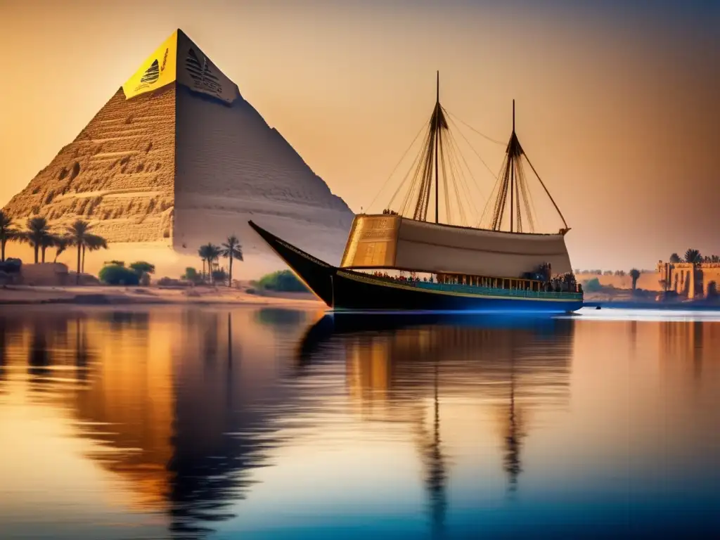 La majestuosa Tecnología Náutica Egipcia para Comercio en acción a lo largo del Nilo, con las pirámides imponentes en la distancia
