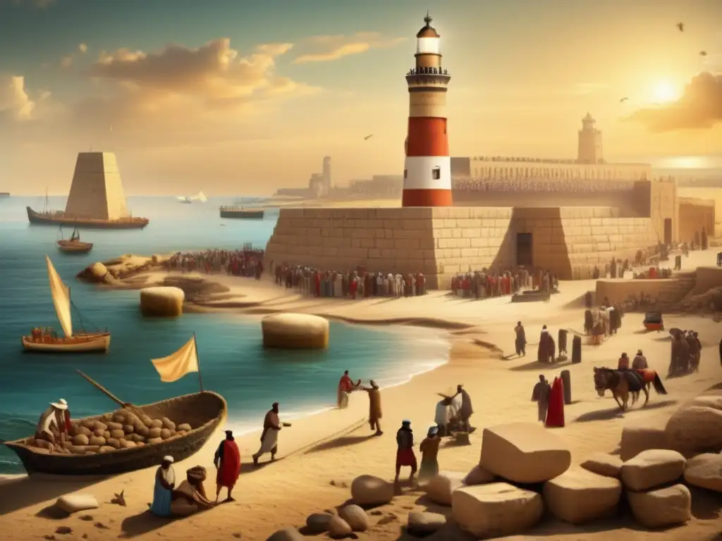 La majestuosa construcción del Faro de Alejandría, historia y construcción, se despliega en una escena animada en la antigua costa de Alejandría