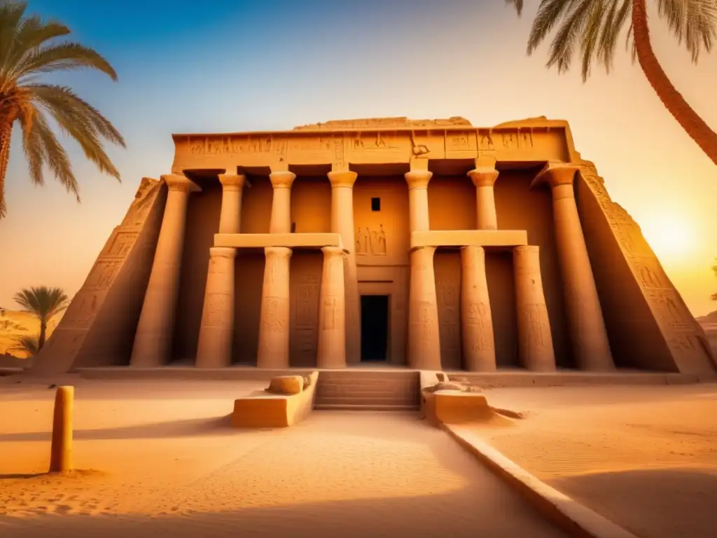 La majestuosa restauración cultural del Templo Mortuorio de Seti I en Abydos, Egipto, iluminado por la cálida luz dorada del atardecer