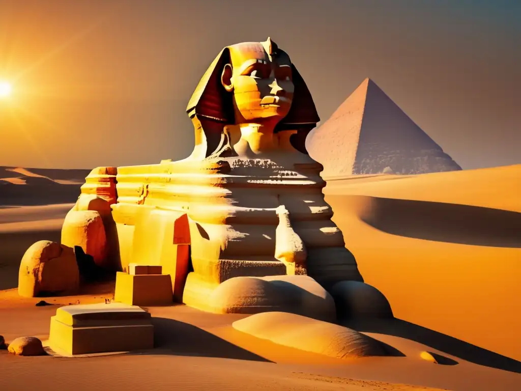 La majestuosa Esfinge se alza en el desierto egipcio al amanecer, con un filtro vintage que resalta sus detalles