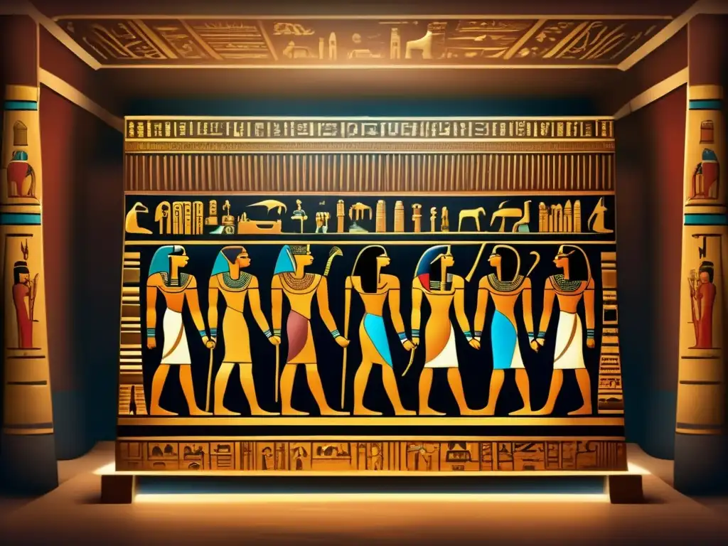 La majestuosa y detallada sarcófago egipcio, adornado con jeroglíficos, se alza en la cámara oscura