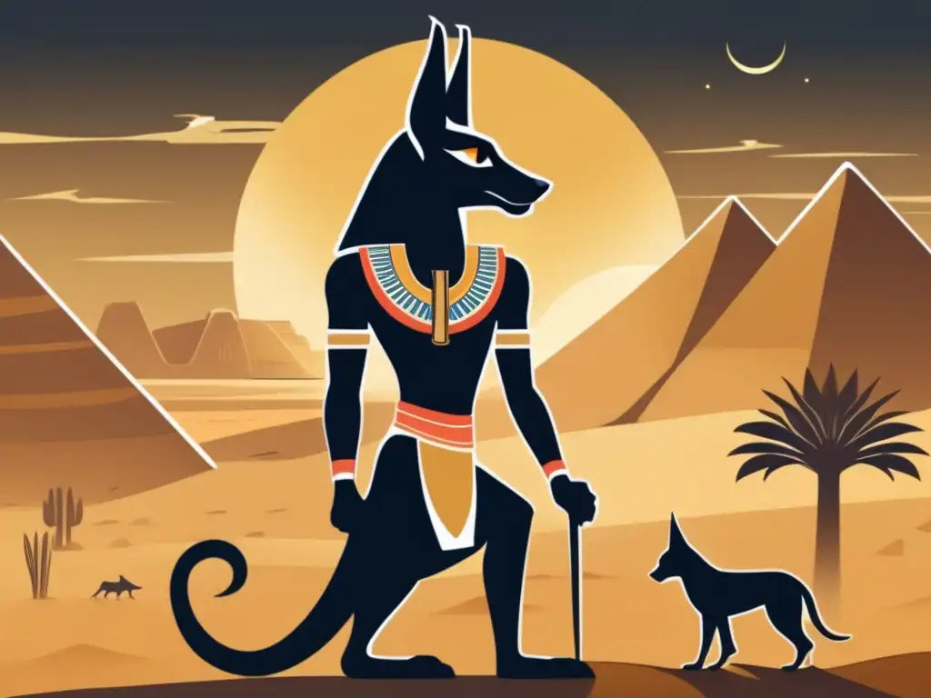 Majestuosa ilustración vintage de Anubis, el dios egipcio de la muerte, envuelto en la maldición de Anubis en Egipto