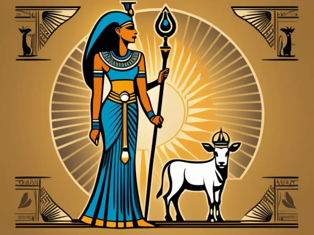 La majestuosa diosa egipcia Isis se eleva con porte regio en esta ilustración de estilo vintage