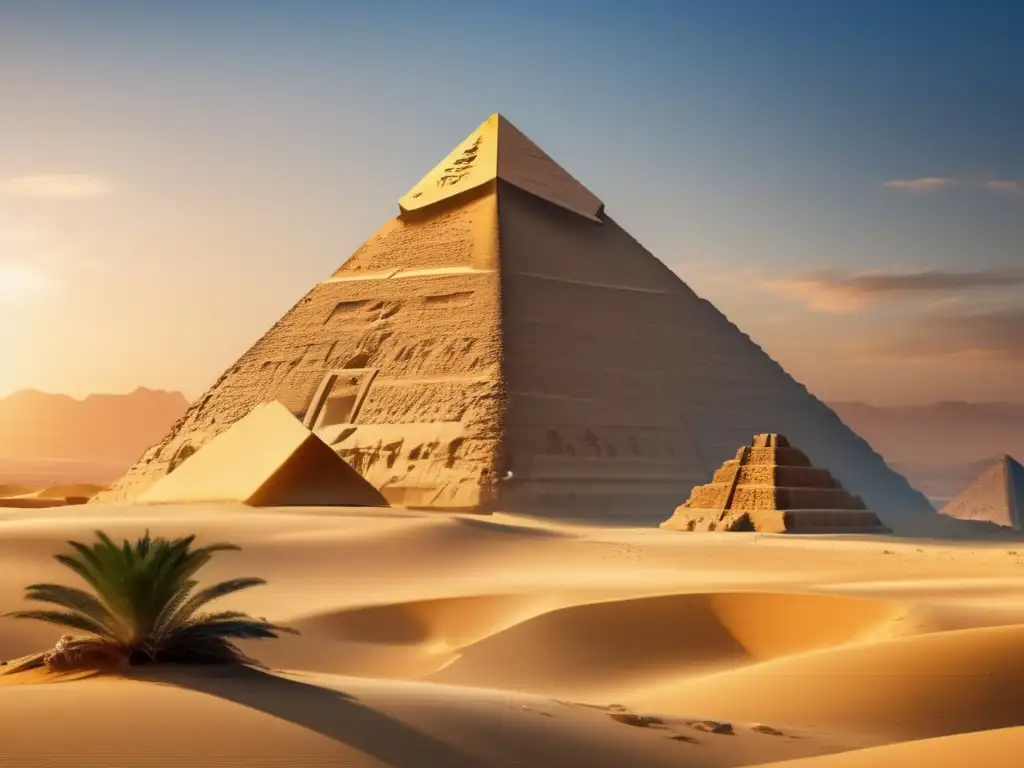 Majestuosa pirámide egipcia en 8k, bañada por cálida luz dorada, rodeada de desierto