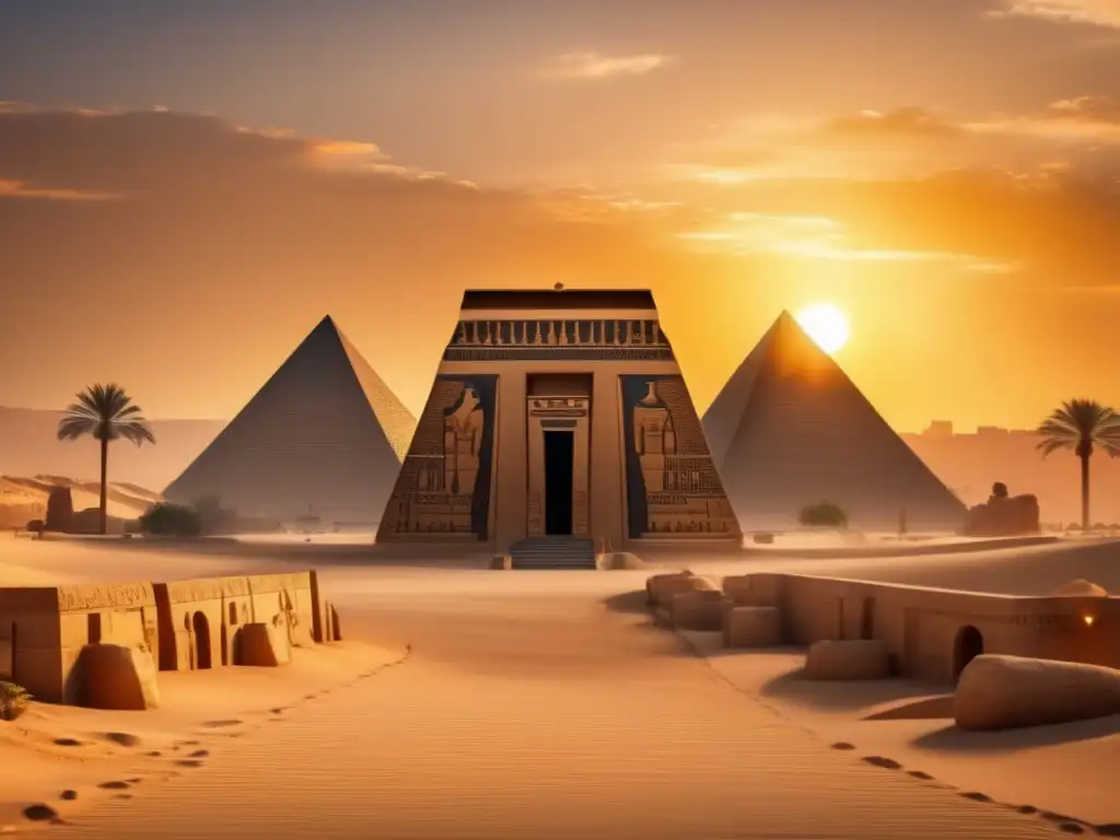 Una majestuosa decoración egipcia con esculturas guardianes se yergue orgullosamente contra un atardecer dorado