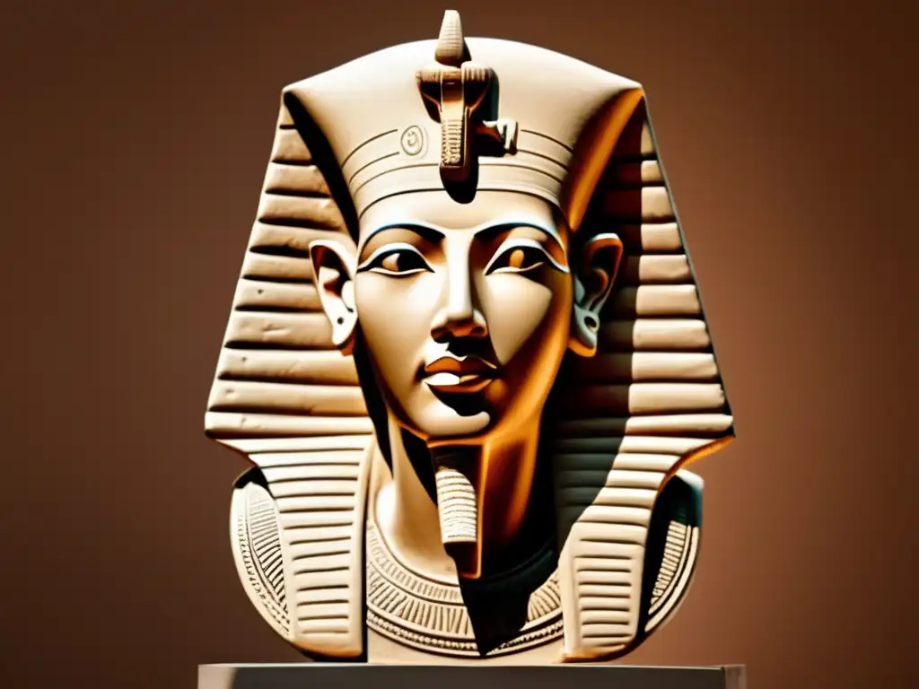 La majestuosa escultura del faraón Akenatón, tallada con detalle y en estilo vintage, destaca en el centro del encuadre