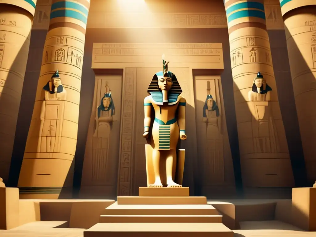 Una majestuosa estatua de un faraón de piedra caliza se alza en un templo antiguo, destacando las técnicas de escultura en Egipto