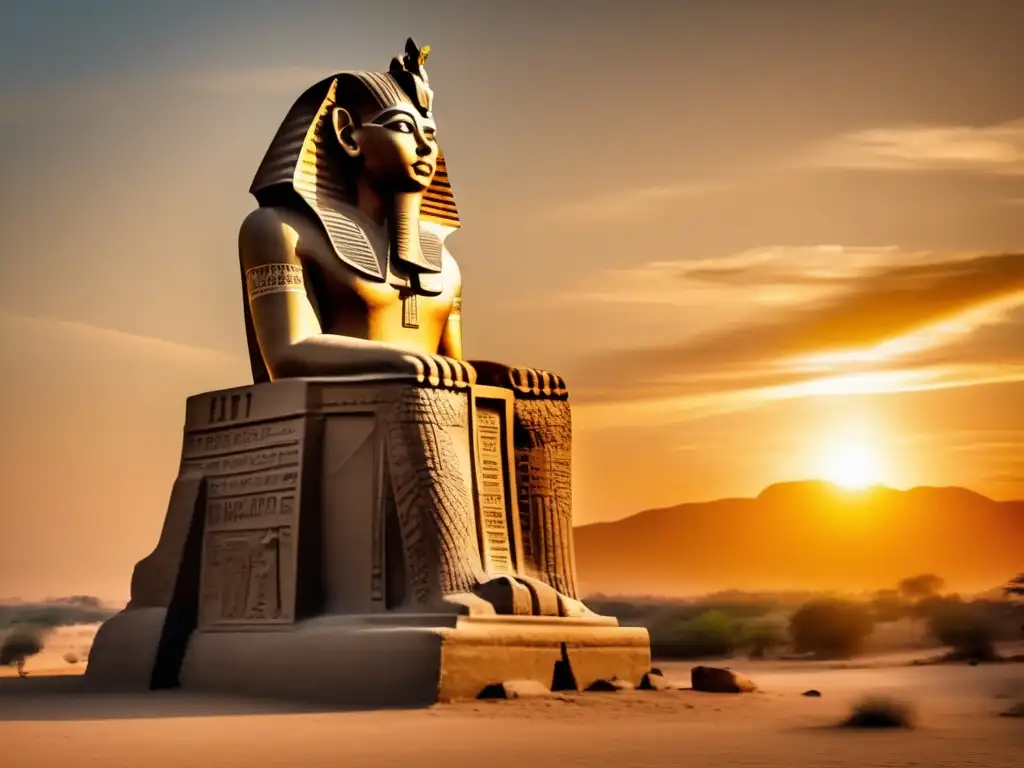 Majestuosa estatua de Ramsés II, el gran faraón constructor de monumentos, se alza imponente contra el atardecer dorado