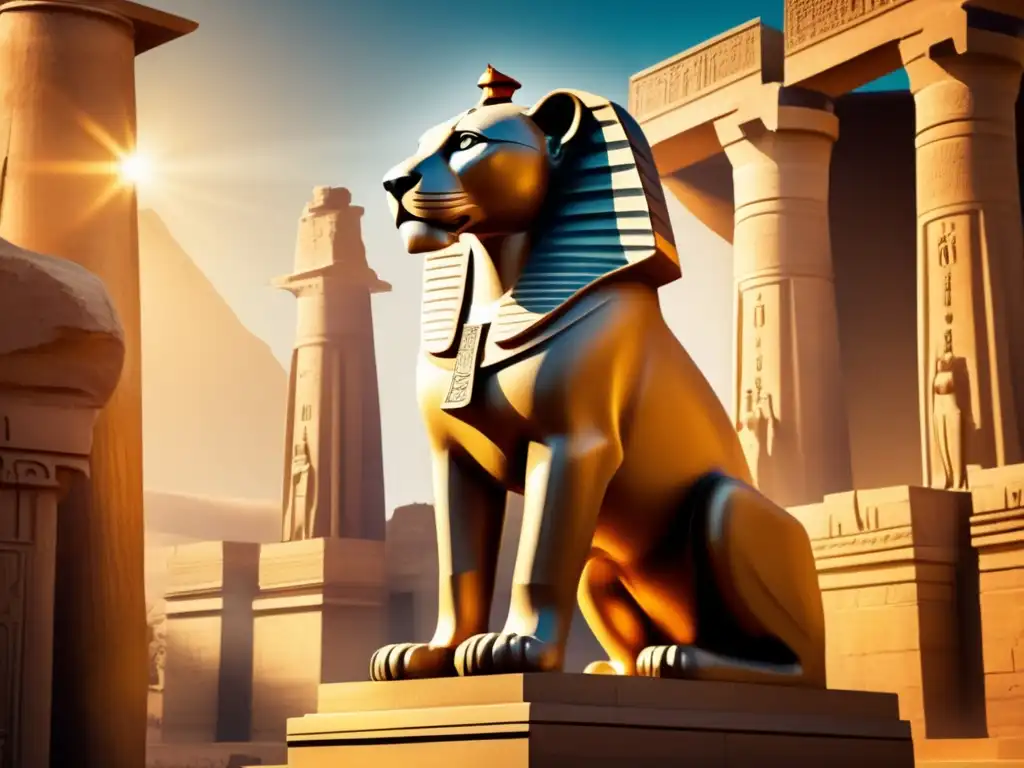 Una majestuosa estatua vintage de Sekhmet, la diosa egipcia leona, destaca en un templo antiguo
