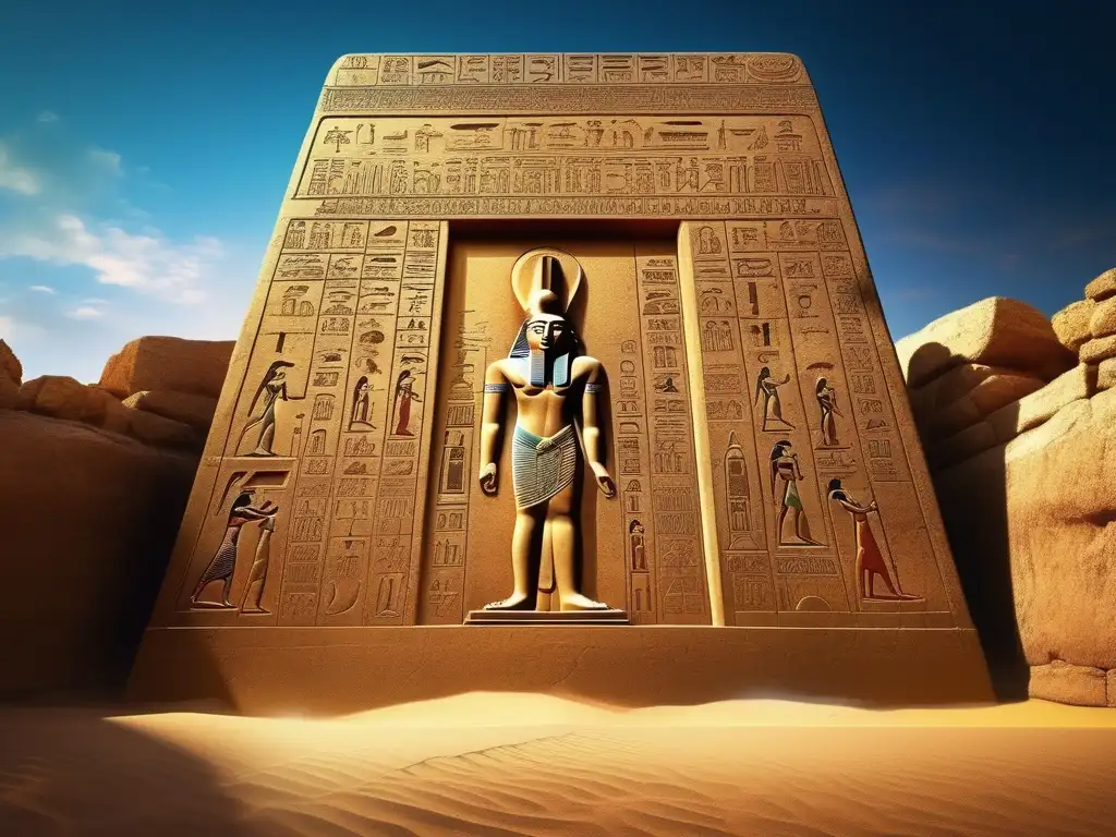 Majestuosa estela triunfal de Merneptah frente a ruinas egipcias, con rayos dorados filtrándose