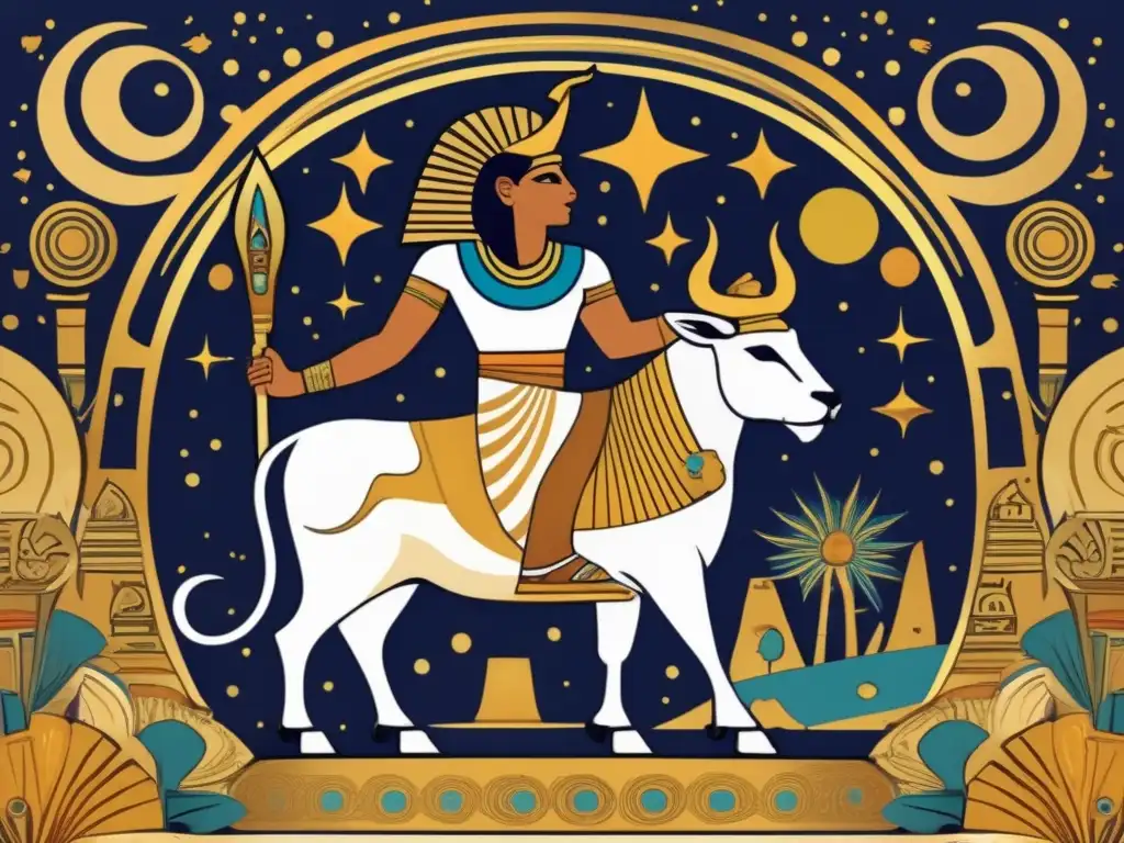 Majestuosa ilustración estilo vintage de la mitología del Antiguo Egipto: Atum, la vaca celestial y el caos de la creación