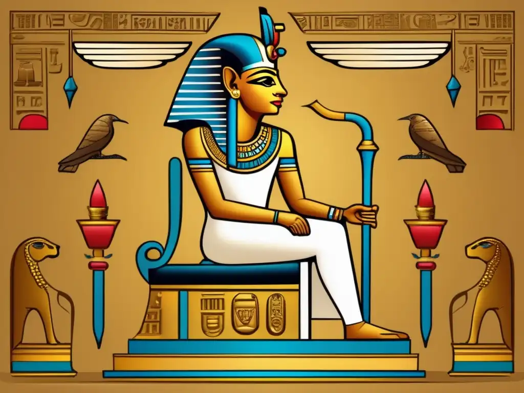 Majestuosa ilustración vintage de un faraón sentado en un trono dorado rodeado de jeroglíficos e iconografía real monumentos Antiguo Egipto, evocando su poder y sabiduría divina