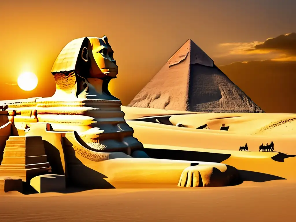 La majestuosa Esfinge de Giza emerge entre la arena, iluminada por un cálido atardecer dorado