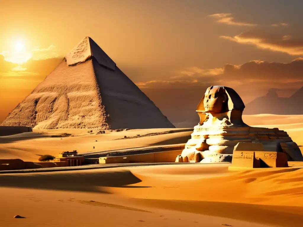 La majestuosa Esfinge de Giza al atardecer, resaltando su presencia imponente y desgastada frente a las pirámides
