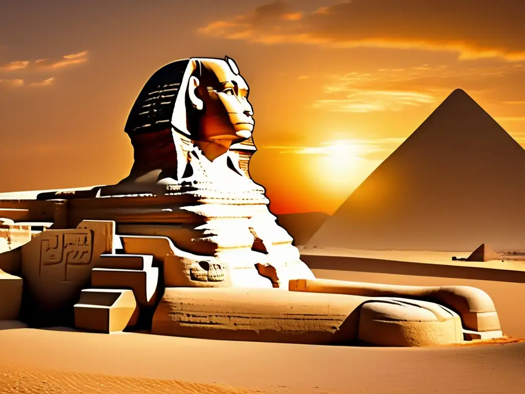La majestuosa Esfinge de Giza emerge en un atardecer vibrante, revelando carvings e inscripciones antiguas