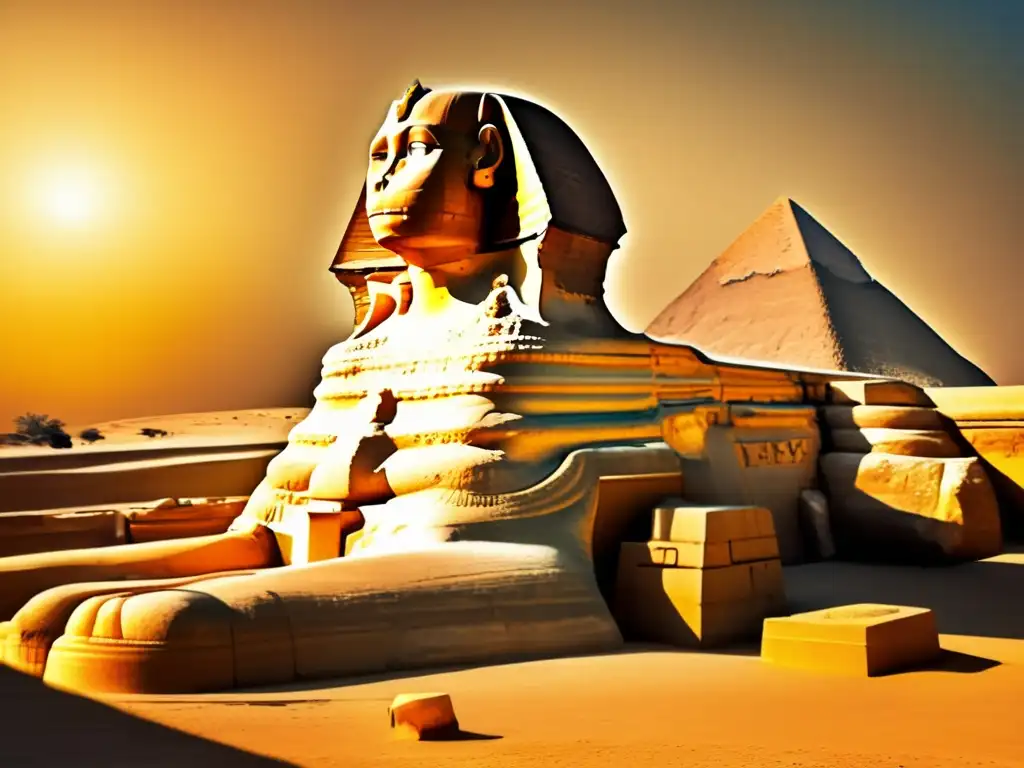La majestuosa y enigmática esfinge de Giza, bañada en cálida luz dorada, con un filtro vintage que le otorga un aspecto envejecido