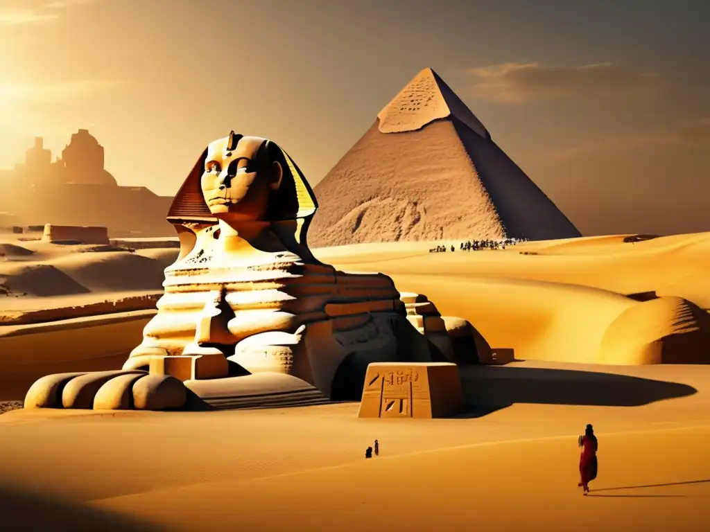 La majestuosa Esfinge de Giza, bañada en luz dorada, muestra su superficie de piedra desgastada con tallados e iconografía real