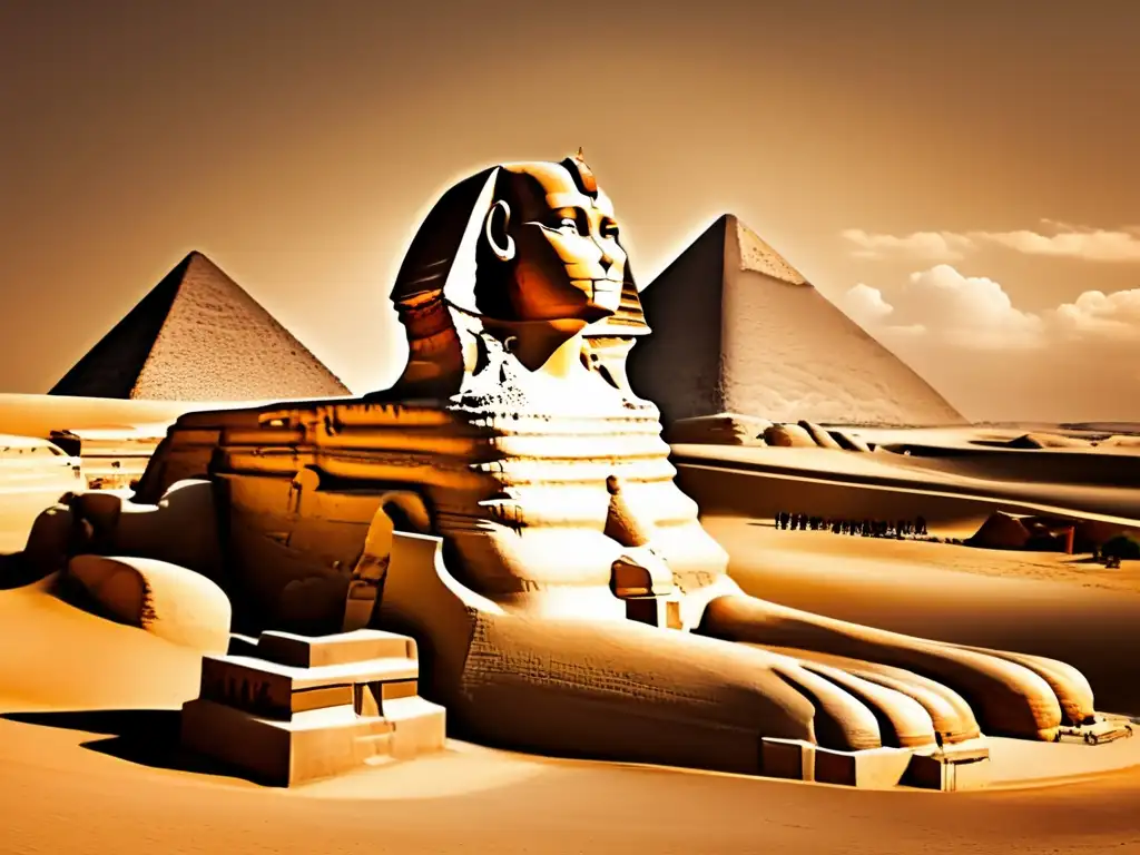 La majestuosa Esfinge de Giza, parcialmente cubierta de arena, con las imponentes pirámides en el fondo