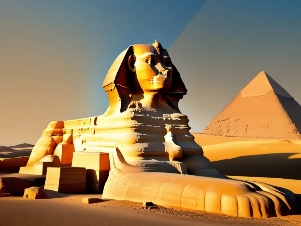 La majestuosa Esfinge de Giza en Egipto, con su cuerpo de león y cabeza humana, destaca contra el cielo azul