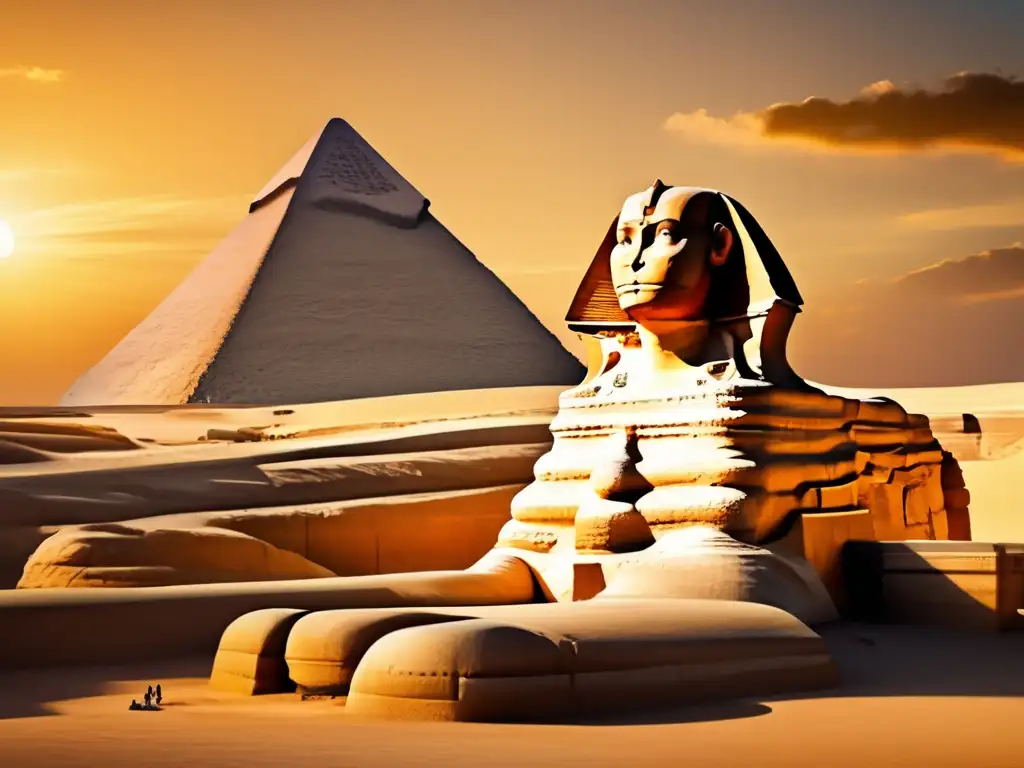 La majestuosa Esfinge de Giza, iluminada por el cálido sol al atardecer, muestra su enigmática sonrisa