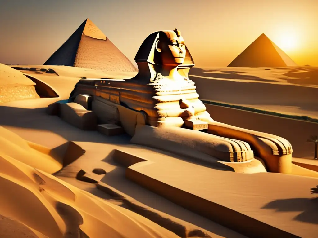 La majestuosa esfinge de Giza y el Nilo, una maravilla de la ingeniería hidráulica del antiguo Egipto, con detalles en piedra y texturas desgastadas
