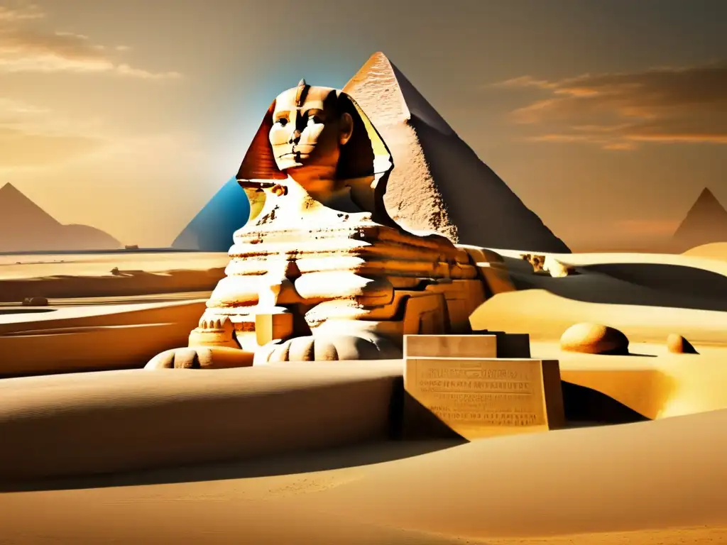 La majestuosa esfinge de Giza se alza como punto focal en esta imagen de arquitectura civil en el Imperio Antiguo