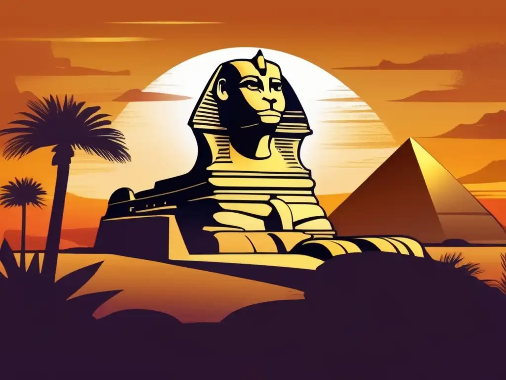 La majestuosa Gran Esfinge de Giza se alza ante un atardecer dorado, evocando el encanto enigmático del antiguo Egipto