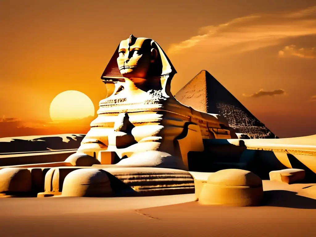Majestuosa Gran Esfinge de Giza al atardecer, envuelta en tonos cálidos y dorados