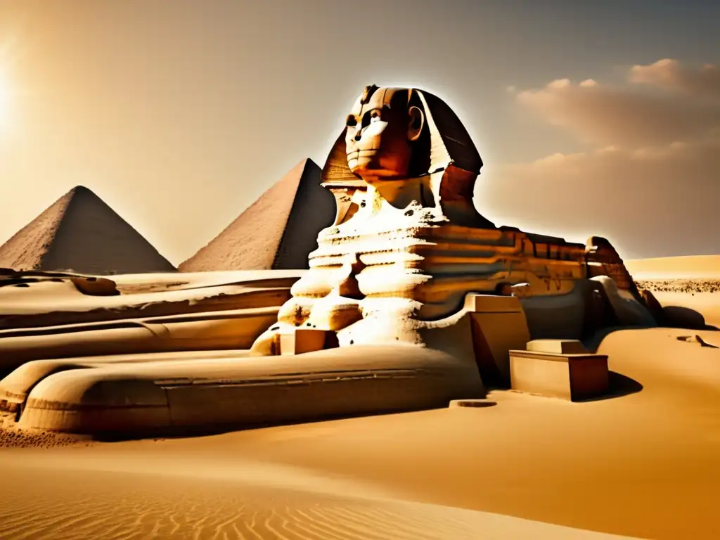 La majestuosa Gran Esfinge de Giza, en una imagen ultradetallada en 8K con un filtro vintage, se alza orgullosamente en el desierto egipcio