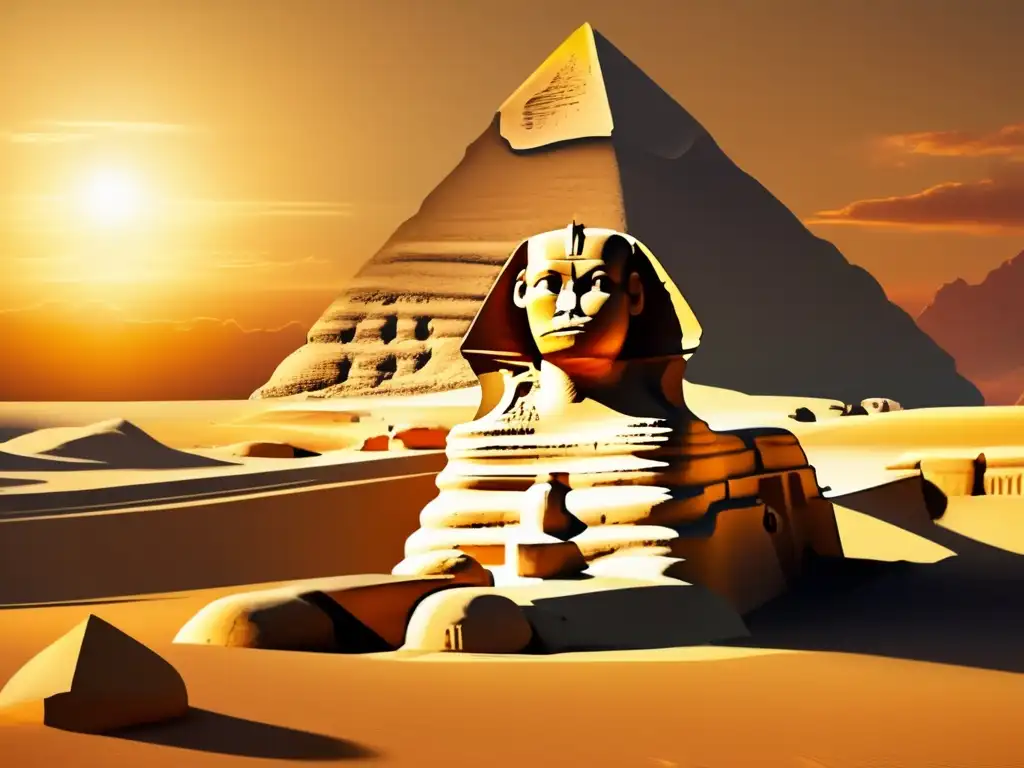 La majestuosa Gran Esfinge de Giza se alza imponente al atardecer, su rostro erosionado revela el paso del tiempo