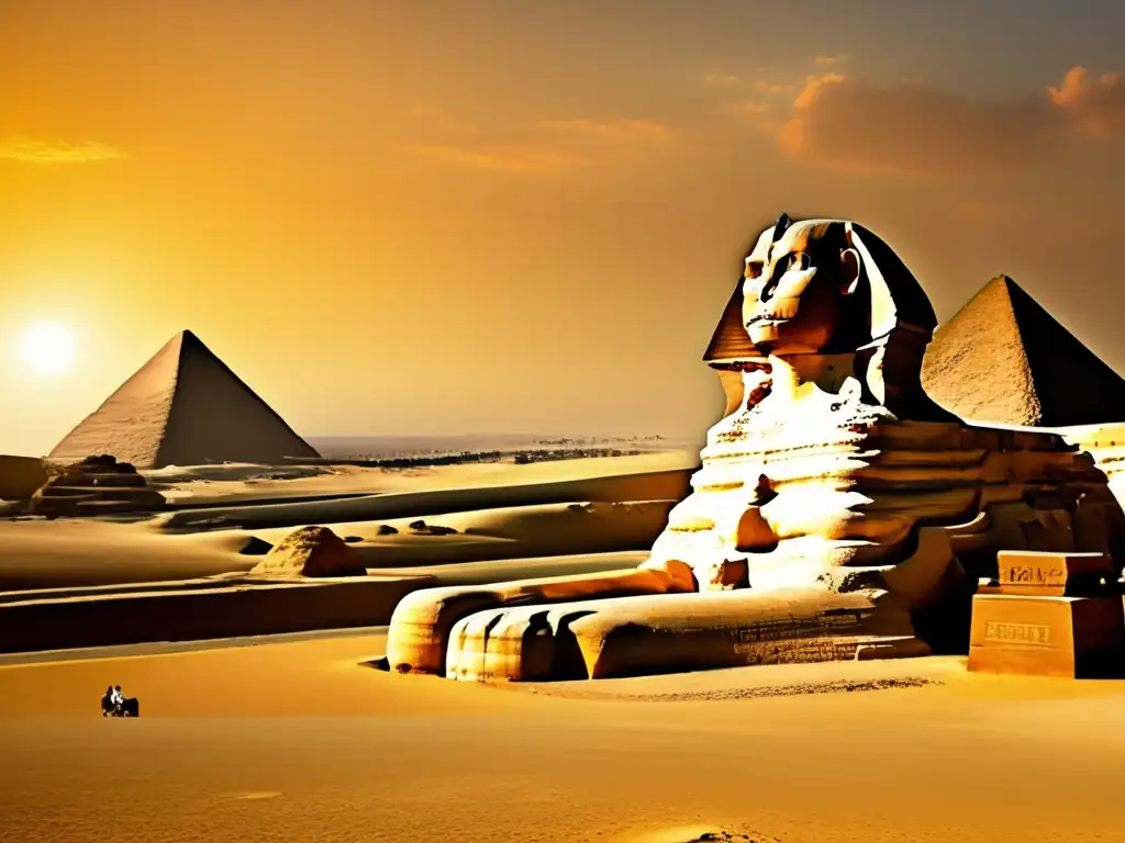 La majestuosa Gran Esfinge de Giza y las imponentes pirámides en un paisaje desértico