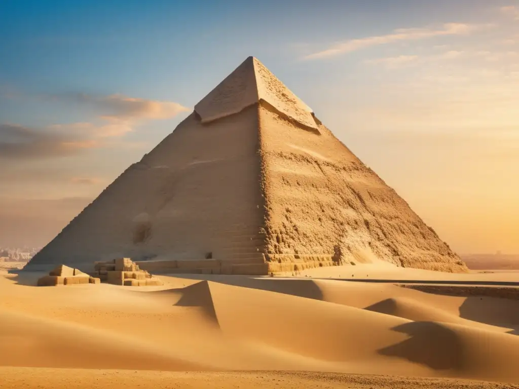 La majestuosa Gran Pirámide de Giza, bañada por la cálida luz del sol, destaca contra el cielo azul claro