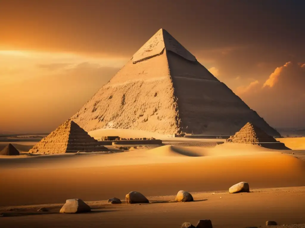 La majestuosa Gran Pirámide de Giza, con su estructura imponente, se alza sobre un cielo crepuscular