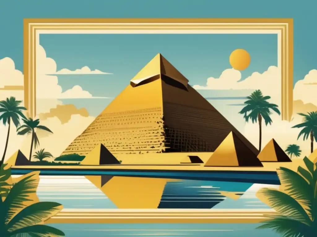 Descifrando construcción pirámides Giza: Majestuosa ilustración vintage de la Gran Pirámide de Giza, bañada en cálida luz dorada